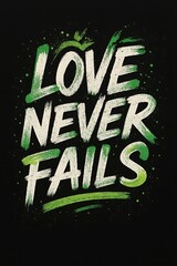 Love never fails inspirational quote with green and white brush strokes on black background