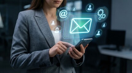 Businesswoman Using Smartphone with Glowing Email and Communication Icons