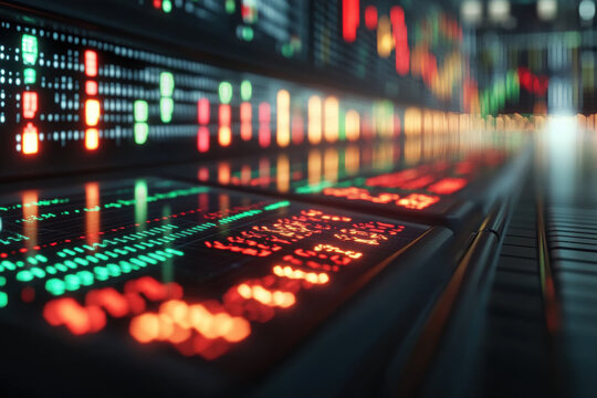 Abstract digital stock market data visualization with glowing red and green charts. Close-up view of a futuristic trading floor with glowing digital screens displaying stock market fluctuations. - Powered by Adobe