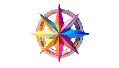 Colorful, geometric, star-shaped compass design, set against black