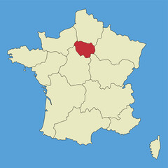Obraz premium Map of Ile-de-France on a vector map of France. Regions of France. Vector illustration.