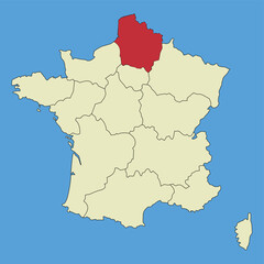 Naklejka premium Map of Hauts-de-France on a vector map of France. Regions of France. Vector illustration.