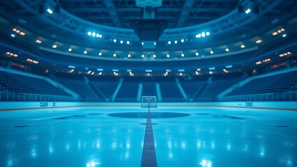 bleachers. Empty ice rink with reflective surface and blurred stadium seating in cool blue tones. event key visuals, club posters, designed for sports event promotions and stadium branding.