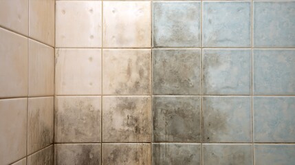 Bathroom tiles, half cleaned, showing the before and after effect of cleaning