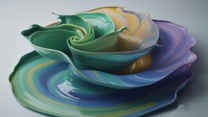 Swirling liquid paint abstract in green blue and purple