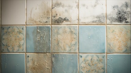 Close-up of bathroom tiles, showing various stages of mold and discoloration