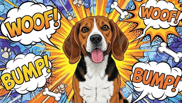 A comic book style illustration of a beagle with playful expression on a vibrant colorful background