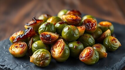 unobserved. Close-up of caramelized Brussels sprouts on dark slate, steam rising. menu design, packaging mockups, designed for culinary blogs and recipe cards for restaurants, used by art directors.