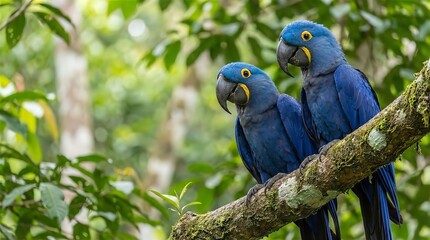 Pair of Blue Hyacinth Macaws Perched in Lush Green Rainforest