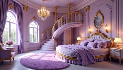 Naklejka premium Lavish purple bedroom features ornate gold bed and spiral staircase. Plush rug and large arched windows create dreamy, regal atmosphere. Luxury interior.