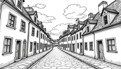Fototapeta premium Black and white illustration of european street with houses and cobblestone road. Building facades with windows and doors on white background. Sky with clouds.