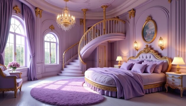 Lavish purple bedroom features ornate gold bed and spiral staircase. Plush rug and large arched windows create dreamy, regal atmosphere. Luxury interior.