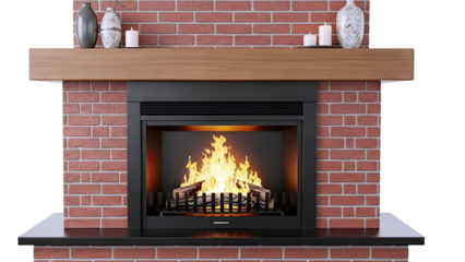 Cozy Fireplace with Wooden Mantel and Brick Wall