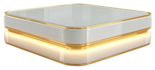 Ivory polished podium glowing edges gold trim modern display luxury platform soft light square shape reflective surface minimal style product stand with calm mood, isolated