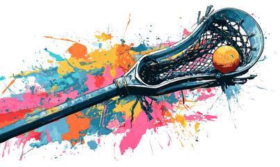 Lacrosse stick ball splash paint abstract modern sport dynamic colorful artwork celebrates fast action with bold energy and creative flair, capturing movement and competitive spirit, isolated