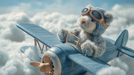 Stuffed toy bear piloting vintage biplane amidst fluffy clouds, soaring through blue sky