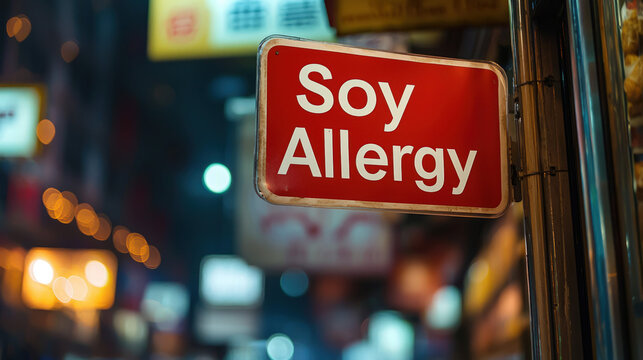 A simple sign "Soy Allergy" in an Asian grocery store