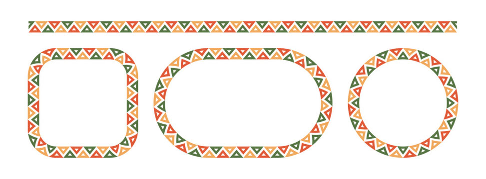 Mexican triangular pattern circle and rectangle frames set. African ethnic motif border. Aztec ornament frame. Mexican ornament. text frame. Vector illustration isolated on white background.