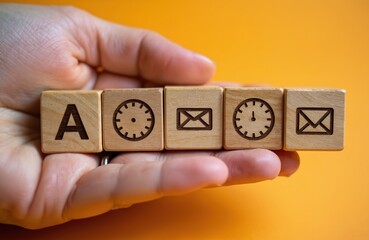 Hand holds wooden blocks with letter A clocks and envelopes. Represents communication time management scheduling and digital messaging online.