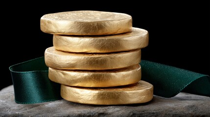 Luxurious metallic currency arrangement, Precious gold coins with decorative ribbon setup