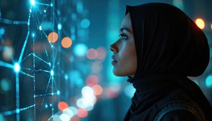 Muslim woman wearing hijab looks at digital network grid. Futuristic city lights blur background. She contemplates future tech, innovation, and global connectivity in urban night scene.