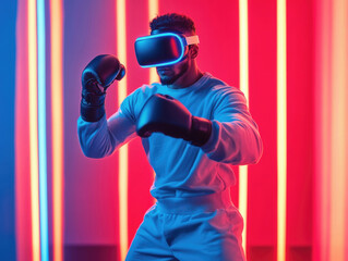 Virtual reality boxer training in neon-lit space