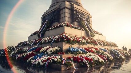 Wreaths adorn the base of a monument on a sunny day outside