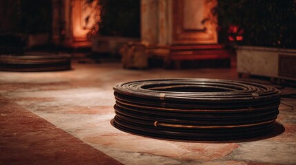 Obraz premium Stack of black coiled pipes on a tiled floor in a dimly lit room. the pipes are arranged in a circular pattern and appear to be made of rubber or a similar material.