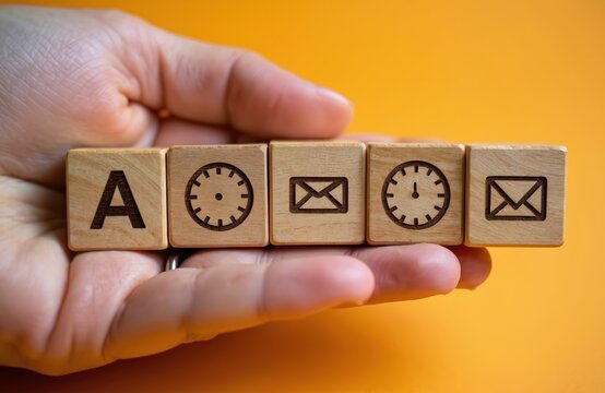 Hand holds wooden blocks with letter A clocks and envelopes. Represents communication time management scheduling and digital messaging online. - Powered by Adobe