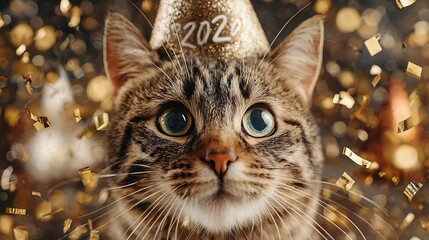 A close-up shot of a tabby cat wearing a party hat with "2020" and confetti