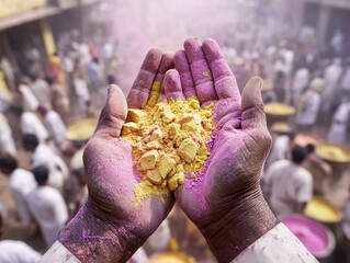 Hands display vibrant yellow and pink powders during Holi, the festival of colors. Participants celebrate joyfully in a crowded street, creating a lively atmosphere of unity.