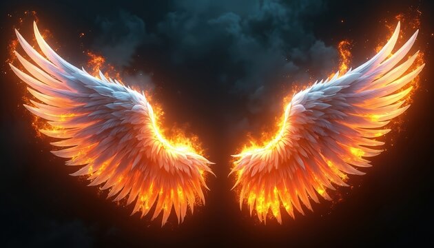White angel wings burn with orange fire against dark cloudy sky. Powerful divine feathers ablaze with bright inferno energy. Celestial spiritual symbols for fantasy art.