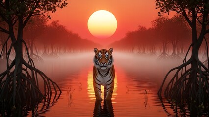 Majestic tiger standing in serene water with sunset background scenery