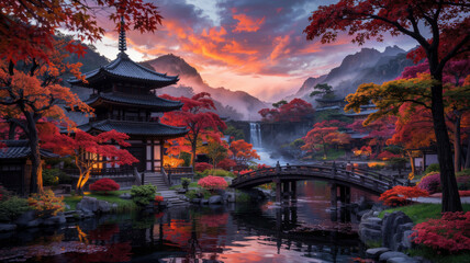 Obraz premium Traditional Japanese pagoda temple pond bridge autumn foliage waterfall vibrant sunset glo