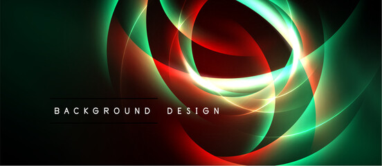 Abstract design features flowing curves, vibrant colors. Red, green hues blend with bright light effects, creating dynamic visual impact. © antishock