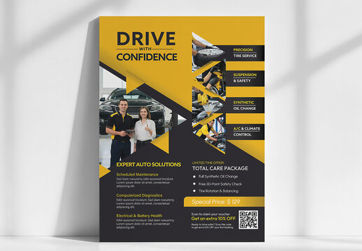 Modern Automotive Car Repair Service Poster and Flyer Template with Yellow and Black Design