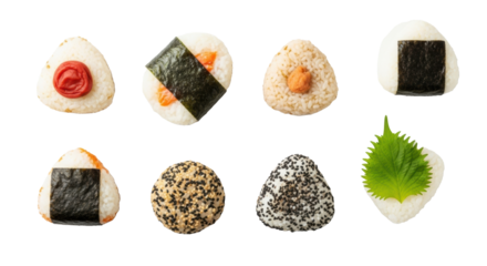 Diverse, perfectly crafted Japanese onigiri (umeboshi, salmon, nori, sesame, shiso), flat lay on a stark white studio background, sharp focus, plump rice, concept of authentic Japanese culinary art