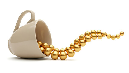 Tilted ceramic cup spilling out shiny golden spheres on white background.
