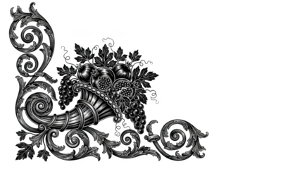 Ornate silver cornucopia overflowing with fruit and decorative scrollwork grapes