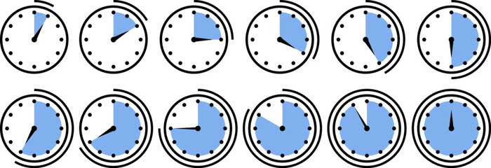 A set of minimalist time progress clock icons showing various time segments with clean outlines and blue filled areas. Ideal for scheduling, timing, deadlines, and productivity interfaces.