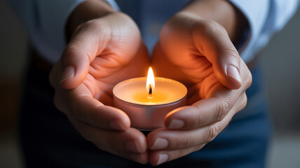 Hands holding a glowing candle in the dark