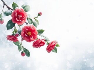 雪に包まれた椿の花のイラスト