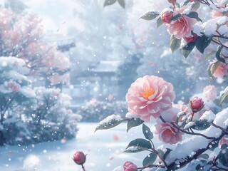 雪景色に咲く椿のイラスト