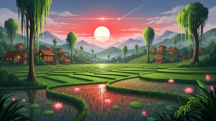 Serene landscape with rice fields and lotus flowers at sunset
