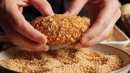 Closeup view of a chefs hands meticulously coating a delicious homemade croquette with crispy golden breadcrumbs preparing it for deep frying in a professional kitchen setting showcasing culinary ski. - Powered by Adobe