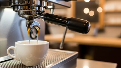 Close-up view of freshly brewed espresso pouring from a professional machine into a white cup, capturing the rich aroma and process.