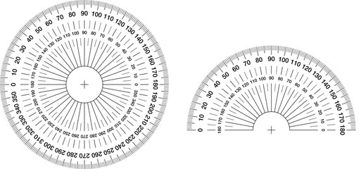 Detailed vector illustration of full-circle and semicircle protractors with precise degree markings, ideal for educational materials, engineering diagrams, and measurement graphics.