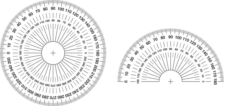 Detailed vector illustration of full-circle and semicircle protractors with precise degree markings, ideal for educational materials, engineering diagrams, and measurement graphics.