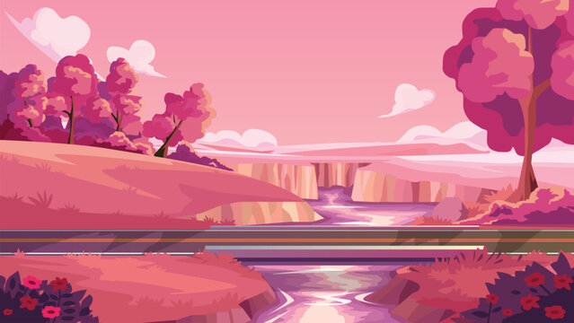 Romantic pink landscape vector illustration featuring a asphalt road bridge crossing a river. Surrounded by trees and flowers. Heart-shaped cloud. Lovely Valentine's Day scenery background.