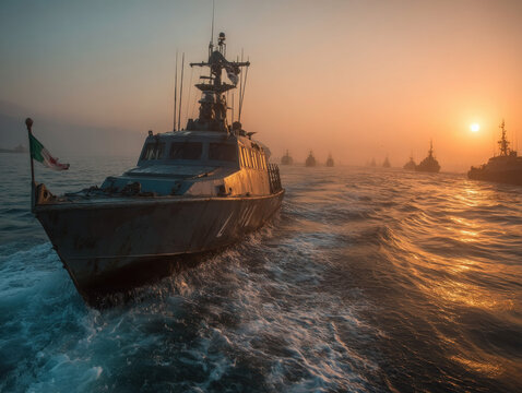 A fleet of Iranian navy ships sailing in the Persian Gulf.